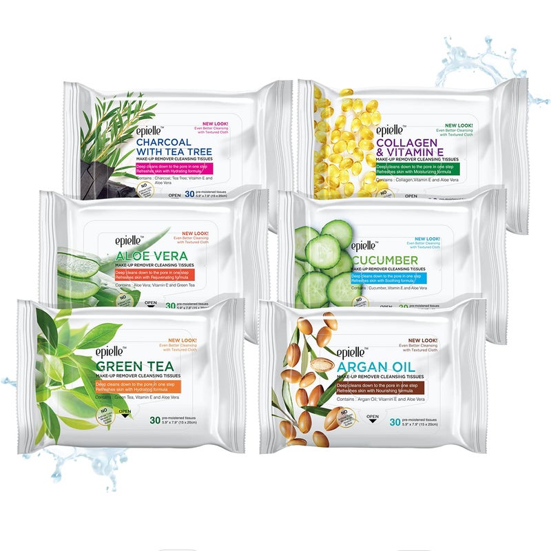 Epielle Makeup Remover Wipes, Remove Waterproof Mascara, Gentle Daily Facial Cleanser Towelettes with Collagen, Tea Tree & Aloe Vera, Stocking Stuffers, 30 Count (Pack of 6) - Image 1